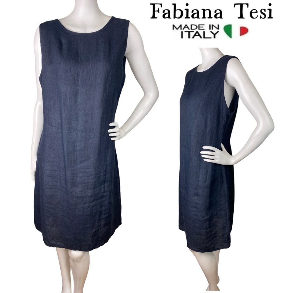 FABIANA TESI 100% Linen Navy Blue Mini Sheath Dress Sleeveless Women’s Sz Large
